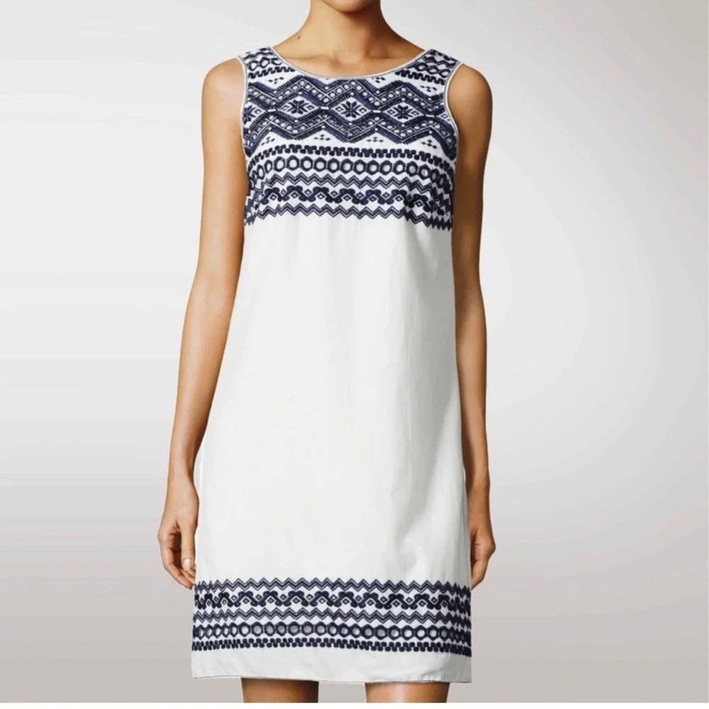 Max Mara Studio White Navy Blue Embroidered Sleeveless Cotton Shift Dress Sz XS - Picture 1 of 7